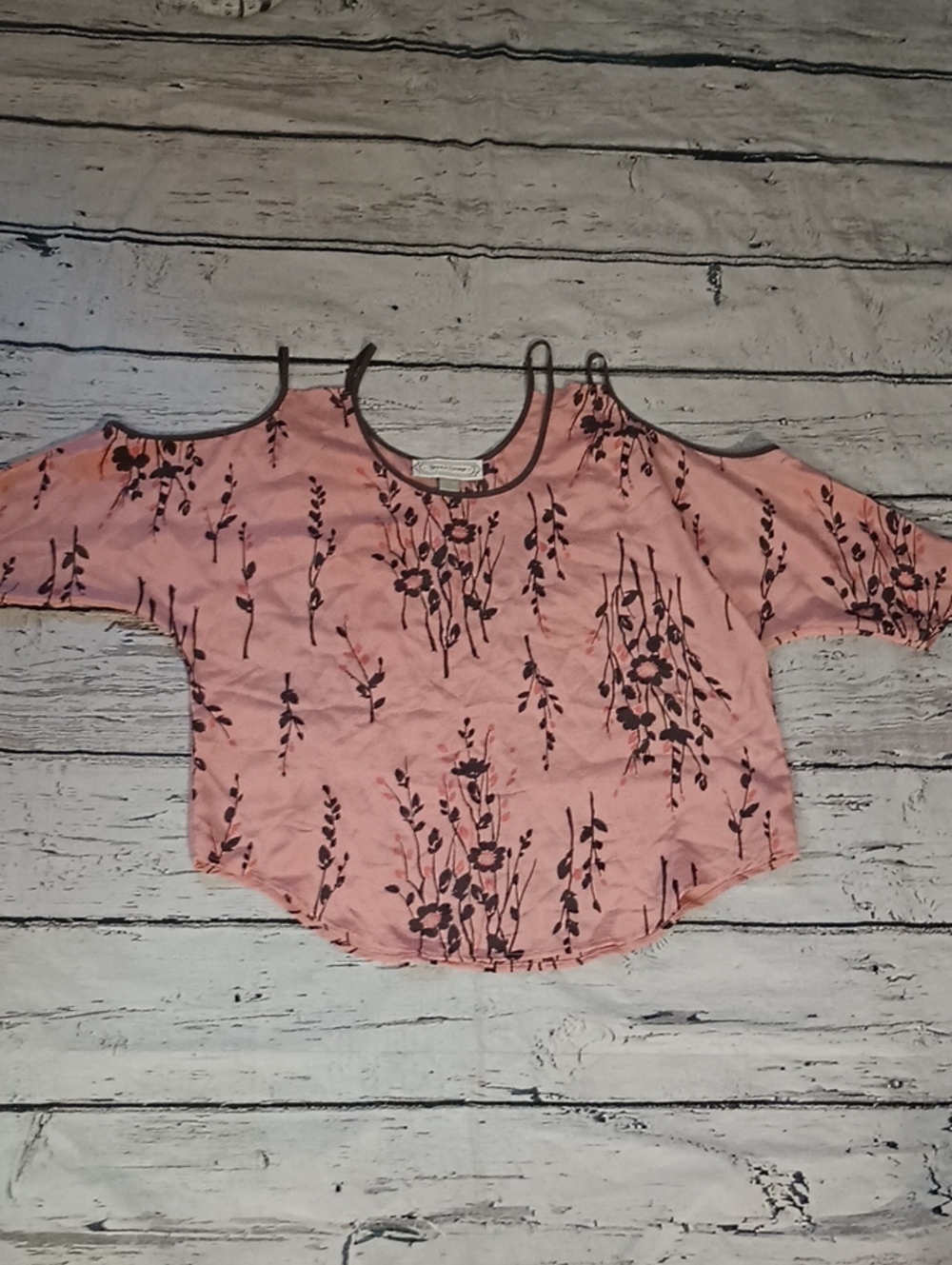 Beyond Vintage Pink Brown Silk Floral Print Cold Shoulder Top S